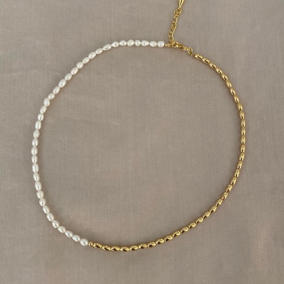 Gold Bead & Mini Rice Pearl Choker Necklace with adjustable clasp. - Picture 2 of 2